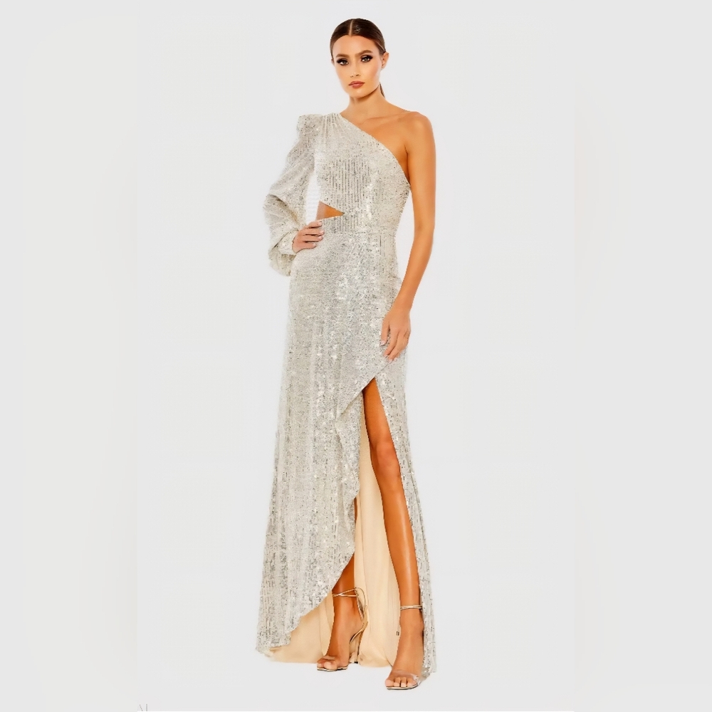 Mac Duggal Silver Sequin One-Shoulder Dress